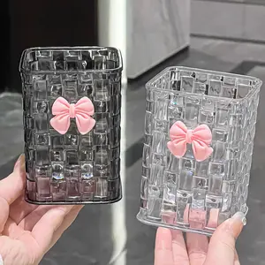 Clear Acrylic Desk Organizer Tidy with Bow Accent, Durable Pen Holder & Storage Basket for Office Supplies, Pens, Accessories