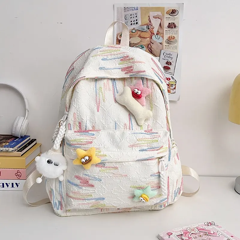 Textured Pastel Embroidered Backpack with Plush Charms - Lightweight Nylon Laptop Travel Daypack for Daily Use