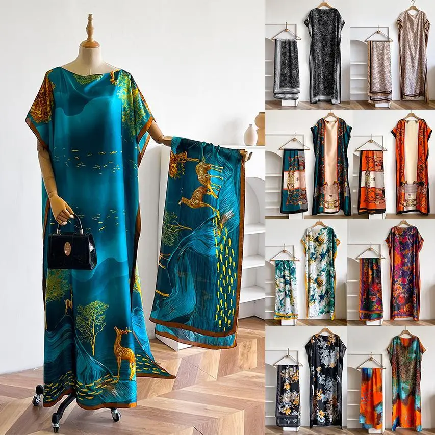 Women's Casual Vintage Loose Printed Maxi Caftan Dress & Smooth Shawl Set, Lightweight Beach Cover-Up, Nightwear Loungewear, Fabric, Batwing
