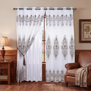 Luxury Double Layer Embroidery Window Curtains with Attached Valance, Grommet Top Drapes 2 Panels 52x84 Inch, Semi Blackout Voile Sheer Curtains Thermal Insulated Light Filtering Elegant European Window Treatments for Living Room Bedroom Home Decor QF601
