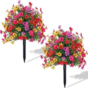 2 Bundles Artificial Violet Rose Bushes, Outdoor UV Resistant Waterproof Artificial Faux Flowers, Decorative Flowers, Garden Porch Patio Decor, Low Maintenance No Watering Needed
