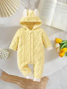 [Single Item] Baby Girl Winter Plush jumpsuit Cute Hoodie Ears Warm Crawler Zipper Stripe Grid Design Thickened Windproof Lock Warm Baby Outdoor Activity Dressing Can Be Used as a Gift
