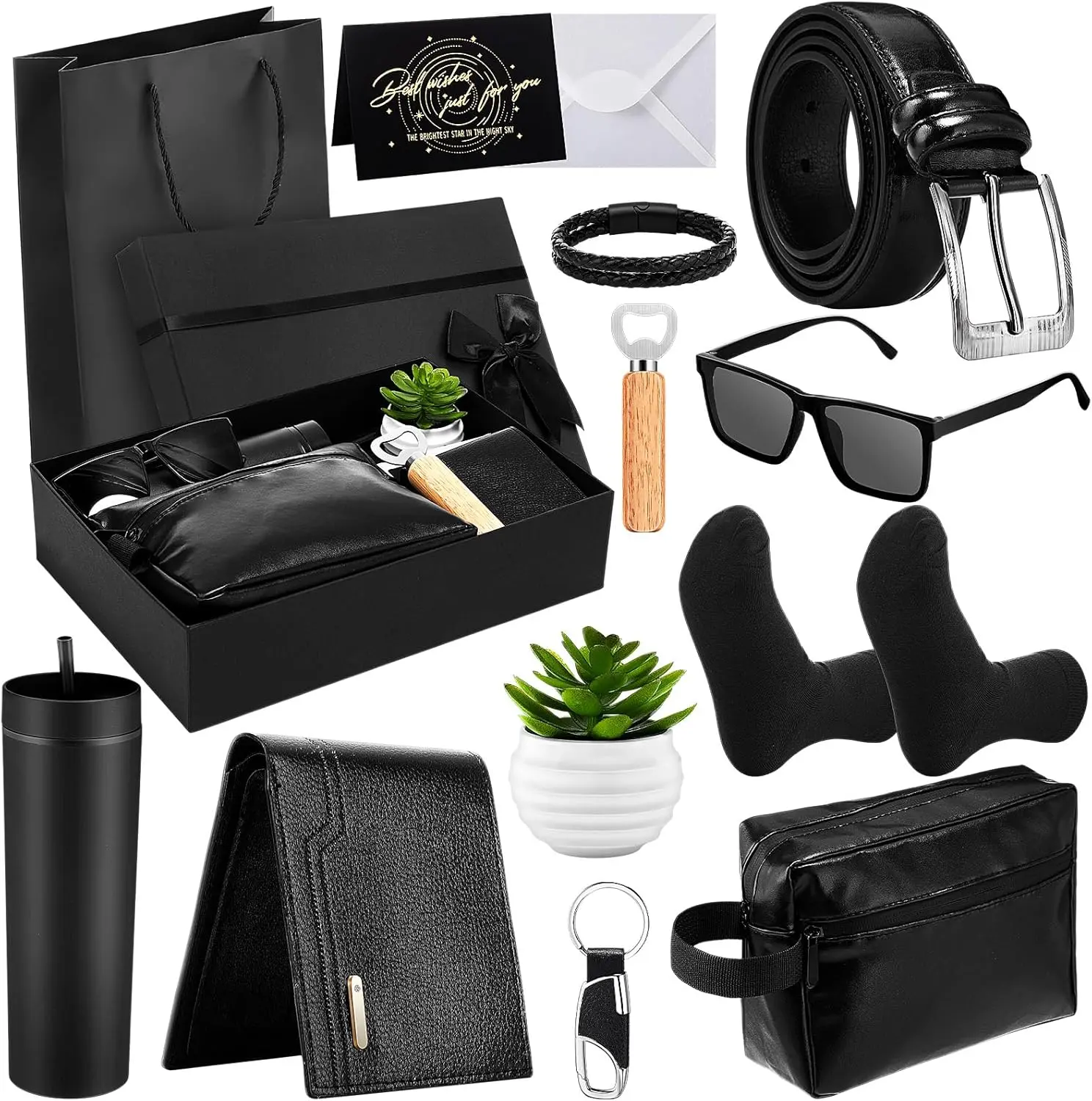 Fathers Day Gifts 13 Pcs Birthday Gifts Baskets for Men Gift for Men Birthday Gift Box 16 oz Tumblers Wallet Toiletry Bag Belt Sock Bottle Opener Bracelet Glasses Keychain for Dad Boyfriend Husband