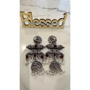 Oxidized Silver Earrings with Goddess Laxmi Design,