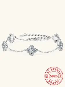 S925 Sterling Silver Synthetic Moissanite Decor Clover Flower Bracelet, Fashionable Jewelry for Women, Trendy All-match & Exquisite Jewelry for Birthday Gift, Rhinestone Bracelet