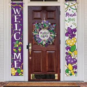 Mardi Gras Welcome Banner, 2D Flat Design, Pair Set, Ideal for Festive Celebrations & Events, Durable Material, Easy-To-Use