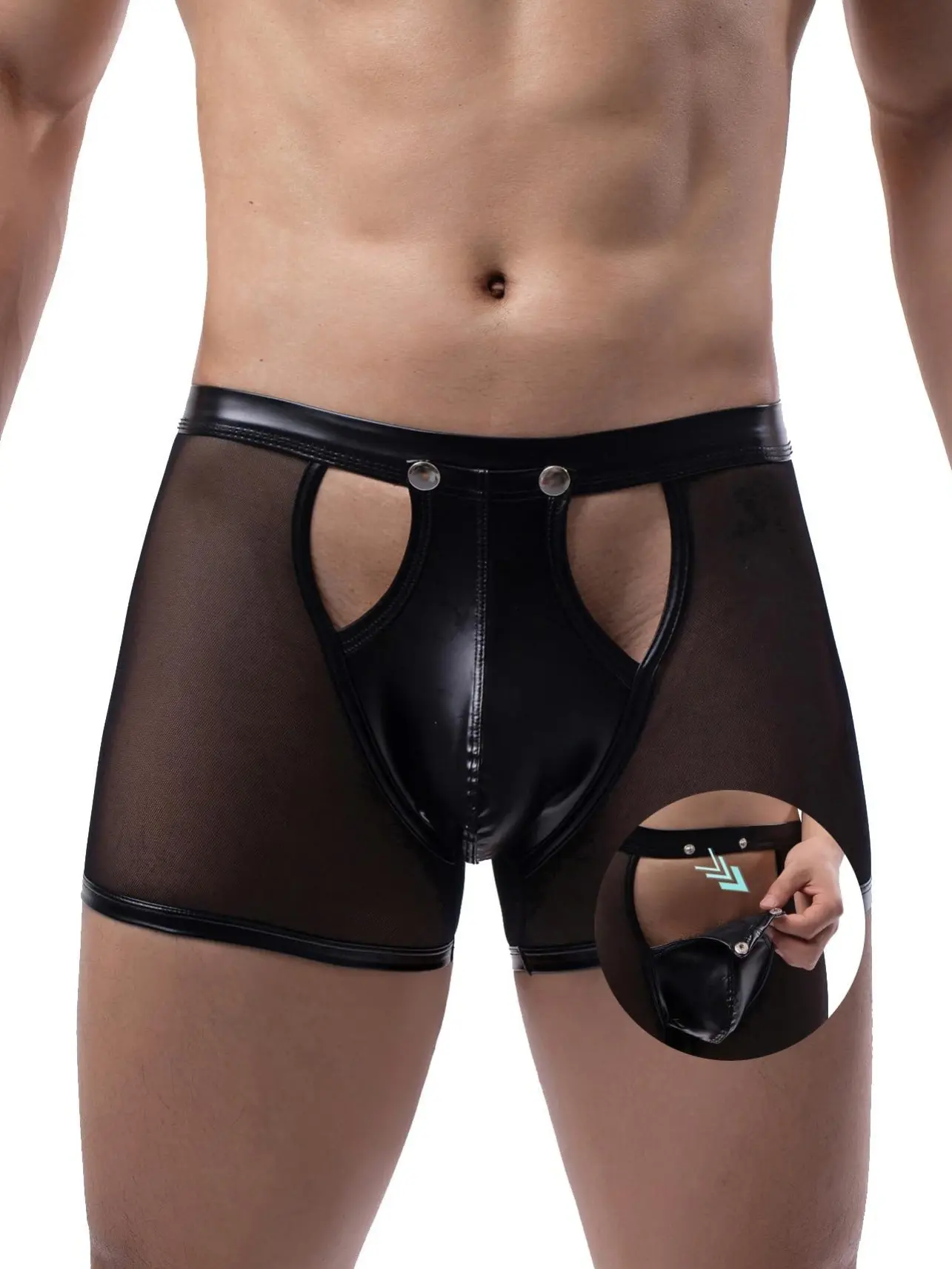 Mens Lingerie Sexy Underwear Naughty with Removable Pouch | Leather Boxer Briefs, See Through Exotic Apparel, Sissy Clothes, Sexy Sheer Boxer Briefs Underwater for Punk Goth Rave Performance Clubwear Outfit Breathable Red and Black Mesh Shorts Pants