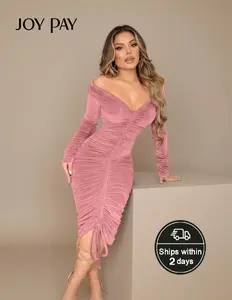 JOYPAY Elegant Off-the-Shoulder Drawstring Pleated Sheath Dress for Party Dinner Christmas