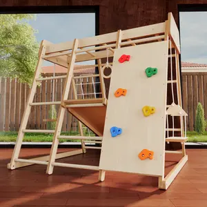 Large Wooden Indoor Jungle Gym for Kids Ages 2-6, Montessori Climber Playset w/Slide, Climbing Net, Monkey Bars, Swing- Indoor Playground Birthday Gift