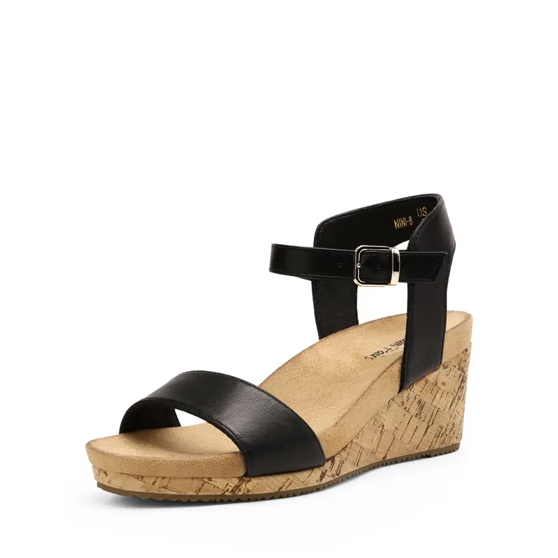 Dream Pairs Women's Open Toe Wedge Sandals with a PU Adjustable Ankle Strap, 3 in Cork Platform Heel for Comfortable Summer Walking, Women's Sandals, Casual Wear, Footwear, Buckle Fit, Soft Suede Bed, Classic