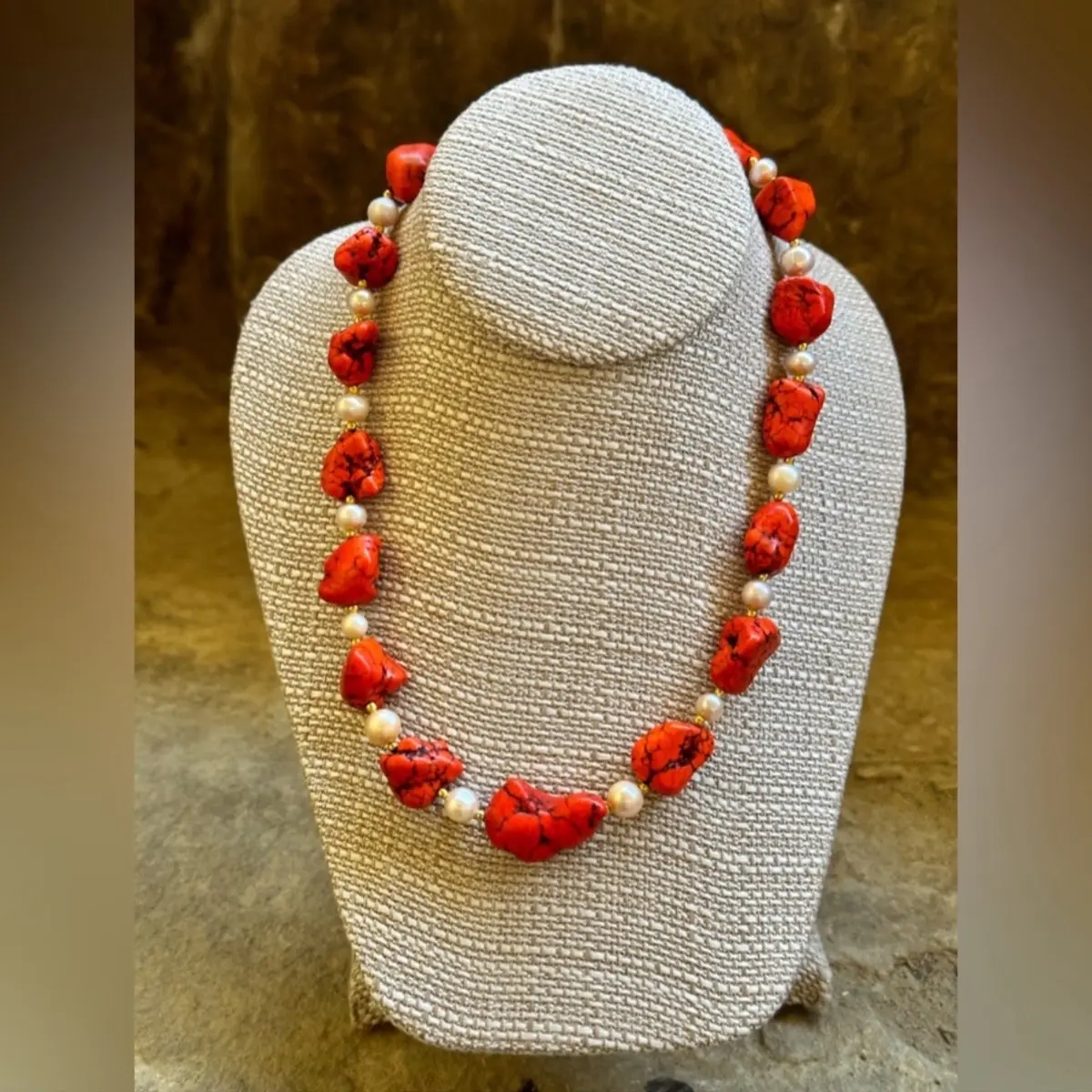 Red Orange Coral Pearl Bead Necklace for Women