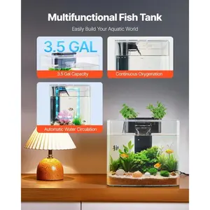 【FathersDayGift】VEVOR Fish Tank Aquarium, 3.5 Gallon Arch Ultra-Clear GPPS Starter Smart Tank Adjustable 3 Color Lighting, Self Cleaning System Fishbowl for Freshwater & Saltwater Fish Home, Office, or Pet Use
