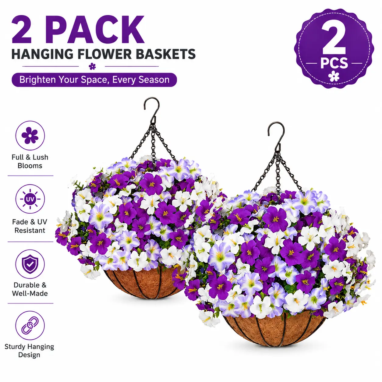 2Pcs UV Resistant Outdoor Artificial Flower Hanging Baskets - No Fade Purple White Petunias, Low Maintenance Patio Porch Decor, Easy DIY Install, All-Season Home & Garden Decor,  Artificial Flowers For Outside