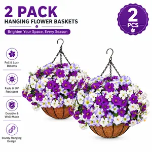 2Pcs UV Resistant Outdoor Artificial Flower Hanging Baskets - No Fade Purple White Petunias, Low Maintenance Patio Porch Decor, Easy DIY Install, All-Season Home & Garden Decor