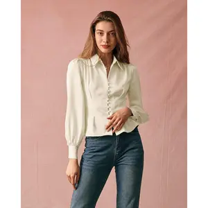Rihoas Women's Lightweight Solid Collared Puff-Long Sleeve Satin Blouse - Spandex Button-Up Top with Ruffle Accents, Comfortable Longsleeves Shirts for Casual Jeans Pairing