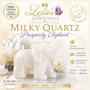 Lela’s GemStoneZ Luxury Milky Quartz Prosperity Elephant Figurine, 0.30 lbs, Natural Crystal Decoration for Home Office, Table & Office Desktop Ornament, House Decor on l