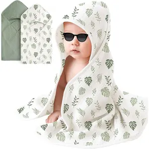 KF5-NG015 Muslin Baby Hooded Towels 2 Pack – 32x32 Inch Soft Absorbent Cotton Bath Towels with Hanging Loop, for Newborns and Toddlers