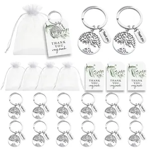 Tree of Life Key Ring Gift Set, 20pcs Leaf Thank You Cards, 20pcs Organza Bags, 20pcs Hollow Metal Keychains