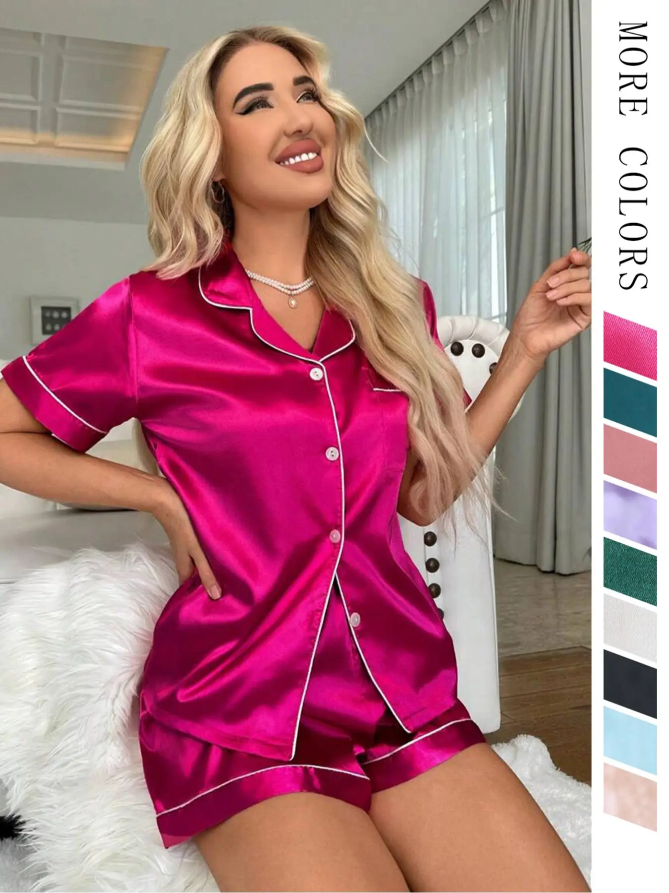 Two-Piece Set Women's Satin Pyjama Set, Casual Short Sleeve Button Front Shirt & Bow Decor Elastic Waist Shorts, Summer Outfits 2024, Women's Summer S