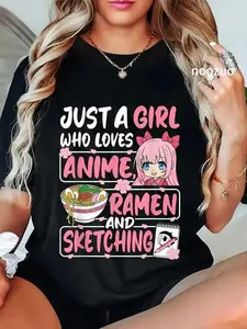 FEEGO 100% Cotton Unisex Just A Girl Who Loves Anime Ramen And Sketching Japan Anime T-Shirt Casual Top shirt without collar demon slayer  merch vintage  graphic  tees casual  outfits  women meme  shirts silky boyfriend  fit spencers