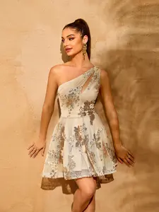 Women's Sequin Floral One-Shoulder Mini Dress, Hollow Out, Ruffled Hem, Perfect for Weddings, Dates, Parties, Formal Events