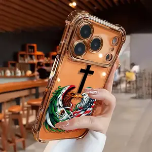 Cross-shaped design featuring American and Mexican eagles, four-cornered airbags for shock protection. iPhone 17 Pro Max with 16, 15, 14, 13, 12, 11 Pro Max. Transparent soft TPU material phone case. Ideal gift choice.