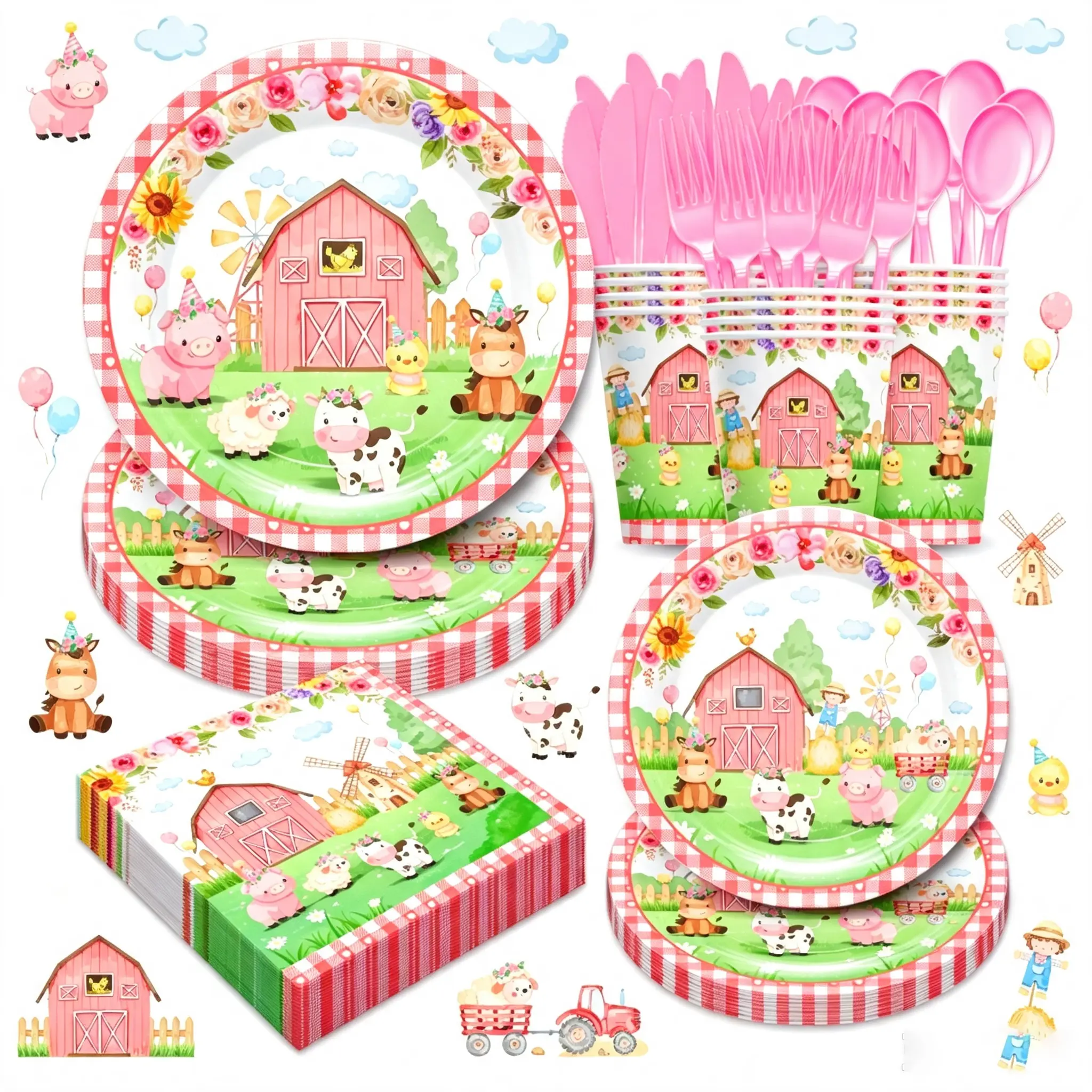 168pcs Farm Animal Party Supplies Tableware Set - Farm Birthday Baby Shower Decorations Include Dinner Plates, Cups, Napkins, Cutlery, Farm House Animal Barnyard Theme Party Supplies | Serves 24