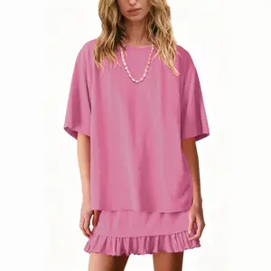 [0052] Comfy Oversized T-Shirt Two-Piece Set |     Ruffle Hem Mini Skirt Casual Summer Outfits (Multiple Colors)