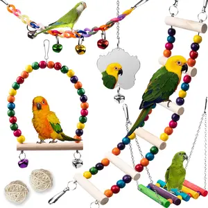 7Pcs Wood Bird Toys for Parakeets, Parrots Budgie Cage Accessories, Bird Perch Swings for Small Conure Cockatiel, 18'' Climbing Ladder Swing for Parakeets