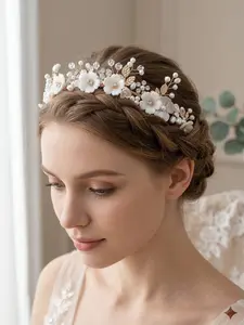 Elegant Flower Faux Pearl Rhinestone Hairband, Leaf Handmade Bridal Wedding Party Headpiece, Women's Fashion Accessory