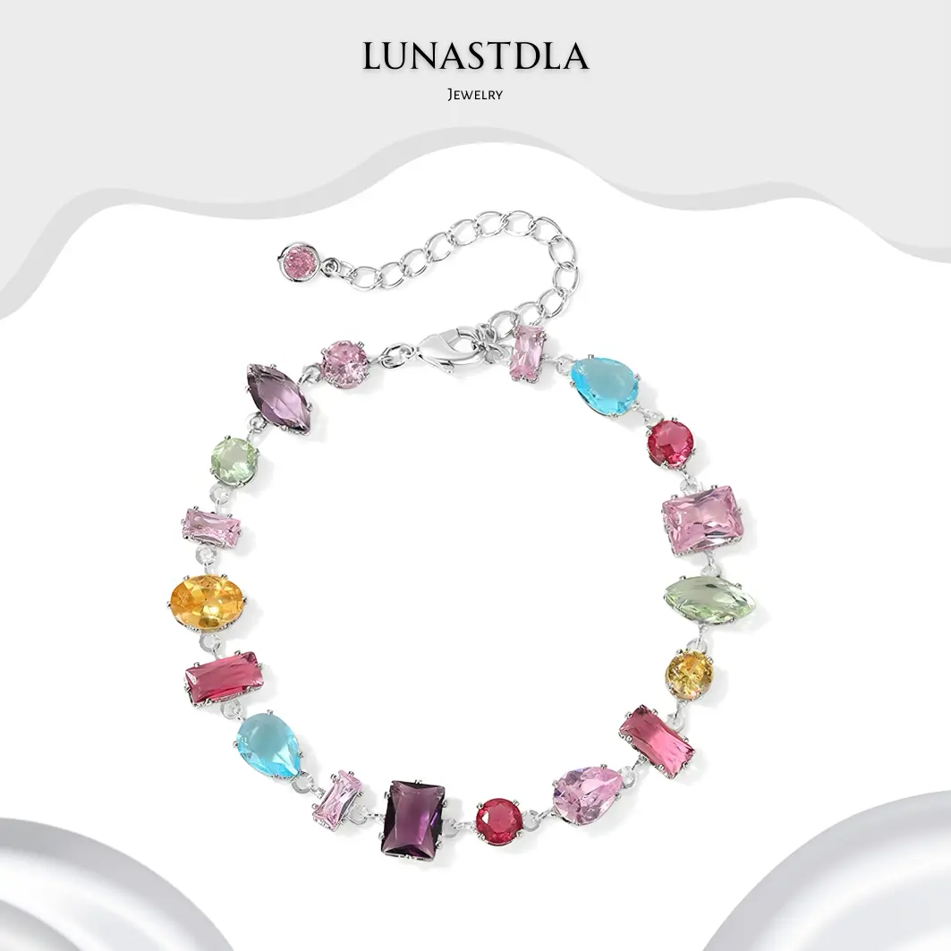 LunaStdla Colorful Bracelet for Women, Elegant Boho Style CZ Charm Jewelry with Sparkle Glow, Adjustable for Daily Wear & Parties, Jewelry Bracelet, Cz Sparkle Glow, Rainbow Boho, Bling Effect, Assorted Bead Bracelets & Bangles, Blue And Pink Stone Bracel