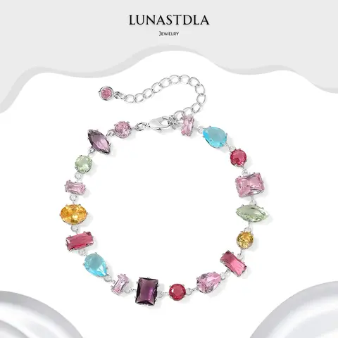 LunaStdla Women's Bohemian Bracelet - Boho Sparkle Assorted Bead Bracelets & Bangles, Bejeweled Style Colorful CZ Charm, Metal Coating, Adjustable Bedazzled Sparkle, Blue Pink Stones, Chic Vibe for Daily Wear & Parties