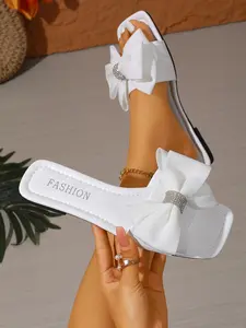 Women's Bowknot Sparkle Flat Casual Sandals, Perfect for Vacation Outdoor Fashion Beach Shoes, Stylish and Comfortable, Flat Dress Sandals, Bow Slip Sandals, Trendy Sandals, Fashionable Casual Sandals