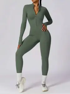 Women's Solid Zip Up Long Sleeve Sports Quick-Dry Jumpsuit, Casual Sporty Comfy Breathable Jumpsuit for Yoga Gym Workout Running, Ladies Sportswear for Fall & Winter, 2025 New Ski Jumpsuit, Quick Drying Jumpsuit
