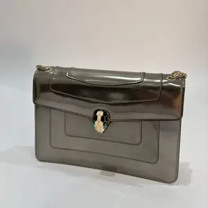 Pre-owned Bvlgari Metallic Leather Shoulder Bags Serpenti Forever Flap Bag Grey Gold Hardware