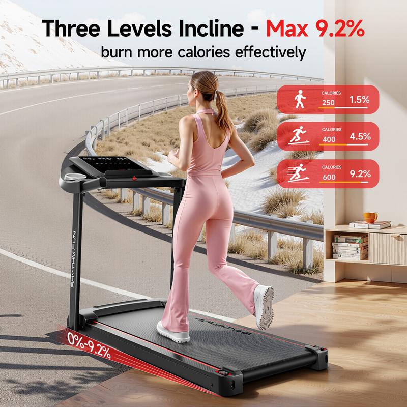 RHYTHM FUN 8 MPH Foldable Treadmill with Incline 300 lbs Capacity Running Machine 12 Pre-Installed Programs LED Display & App Control Multifunctional Walking Pad Multifunctional Workout Station  Home Fitness Equipment exercise equipment