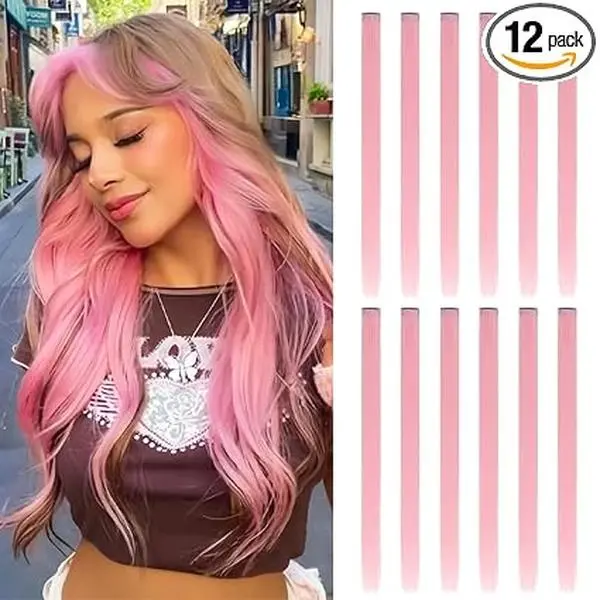 12 Pcs Colored Clip in Hair Extension 20 Inch Long Straight Party Highlights Synthetic Hairpieces for Women Girls(Light Pink-12Pcs)