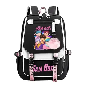 SAJA Boys K-Pop Demon Hunters Trendy Youth Laptop Backpack,11.4''×18.1'' Large Capacity Multi Pocket School Bag with Pom Pom Charm, Adjustable Breathable Straps Perfect Back To School Gift