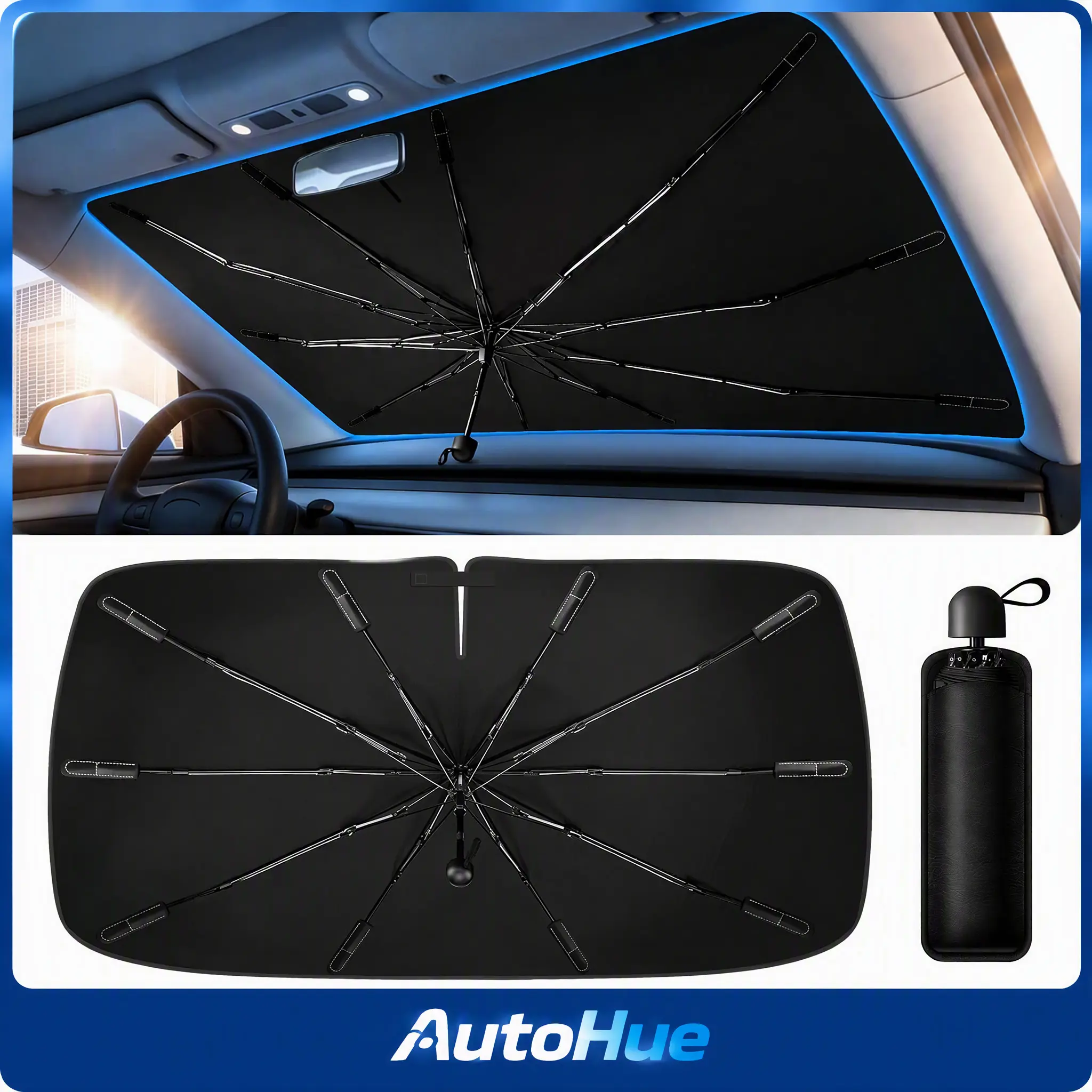 AutoHue Windshield Sunshade 2026 Car Accessories 100% Light-Blocking Front Car Window Sunshade Car Sun Visor Heat Insulation Protection exterior