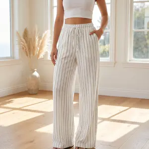 Women's Casual Striped Wide Leg Pants, Drawstring Elastic Waist Loose Fit Trousers, Multi-Color Comfy Summer Palazzo Pants