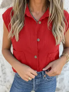 Women's Summer Sleeveless Shirt, High-Quality Slimming Top, Vintage Style Elegant Office Wear, Pocket Design, Perfect for Commuting