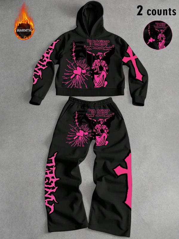 Tiktok Trendy Y2K Style Angel Hoodie & Long Pants Set, Unisex Fall Winter Fleece Sweatshirt, Streetwear Gothic, Couples Fashion Gift
