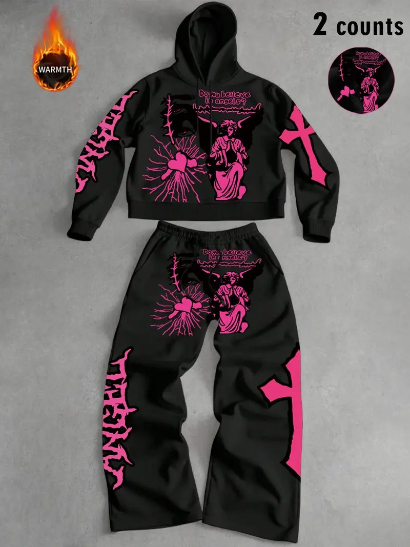 Tiktok Trendy Y2K Style Angel Hoodie & Long Pants Set, Unisex Fall Winter Fleece Sweatshirt, Streetwear Gothic, Couples Fashion Gift