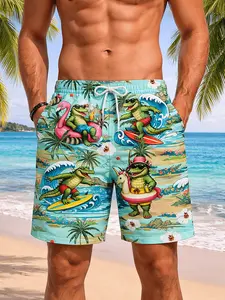 Men's Cartoon Dinosaur Surf Beach Shorts, Summer Vacation Quick-Dry Printed Swim Trunks, Fitted All over Print H-Type Shorts