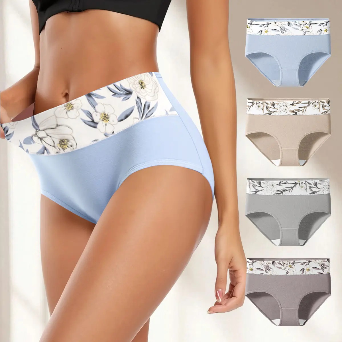 Hotcom Women's Plus Size High-Waist Contrast Floral Print Comfy Knickers Set - Soft Stretchy Cotton Leg Panties, Everyday Comfortable Women's Clothes Lingerie