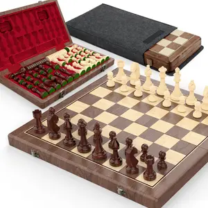 15" Magnetic Walnut Wooden Folding Chess & Checkers Set - 2 in 1 Board Game with 3" King Staunton Pieces and 2 Extra Queens and Dust Bag