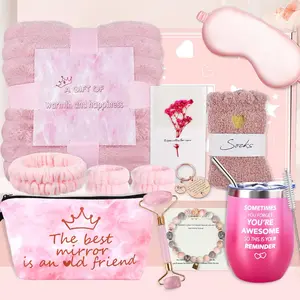 Birthday Gift Set for Women, Pink Blanket with Thermos, Best Friend Friendship Present for BFF, Sister, Mom, Wife, Grandma