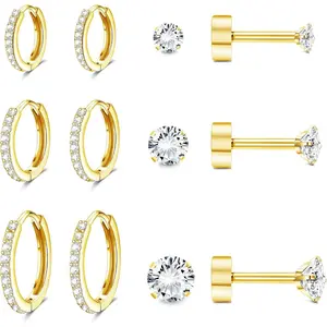 6Pairs Small Flat Back Stud Earrings for Women Men Golden Plated Earring Sets Hypoallergenic Tiny Screw Back Cartilage Earring Small Hoops