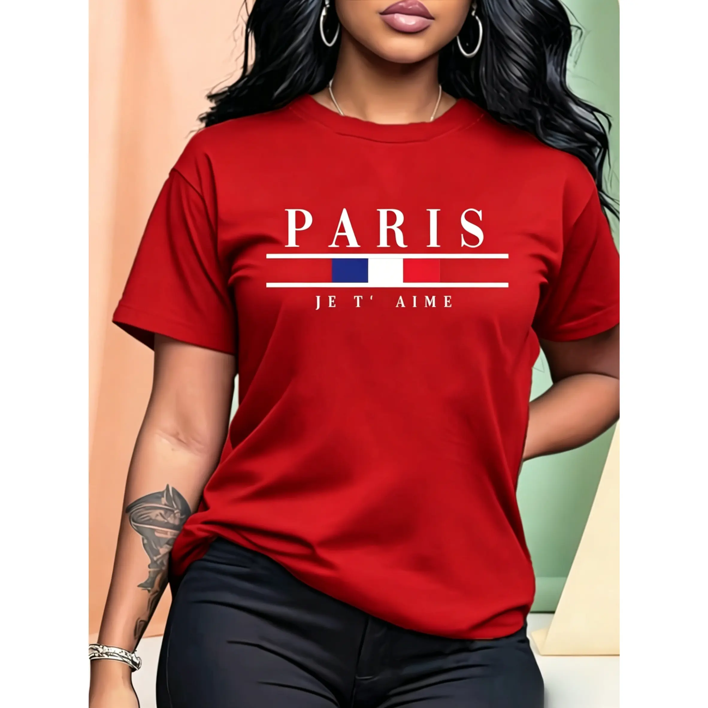 Basic Tee with Paris Je T'aime Vintage Graphic Print, Women's Casual Oversized 100% Cotton Shortsleeve Top, Fabric, True-To-Size, Asymmetrical
