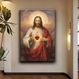 A Wooden Framed Canvas Painting, Beautiful Sacred Heart Painting, Popular Wall Hanging, Suitable for Office, Home, and Living Room Decoration - Perfect Gift Idea, Suitable for Anniversaries, Birthdays, and Parties Poster Ornaments